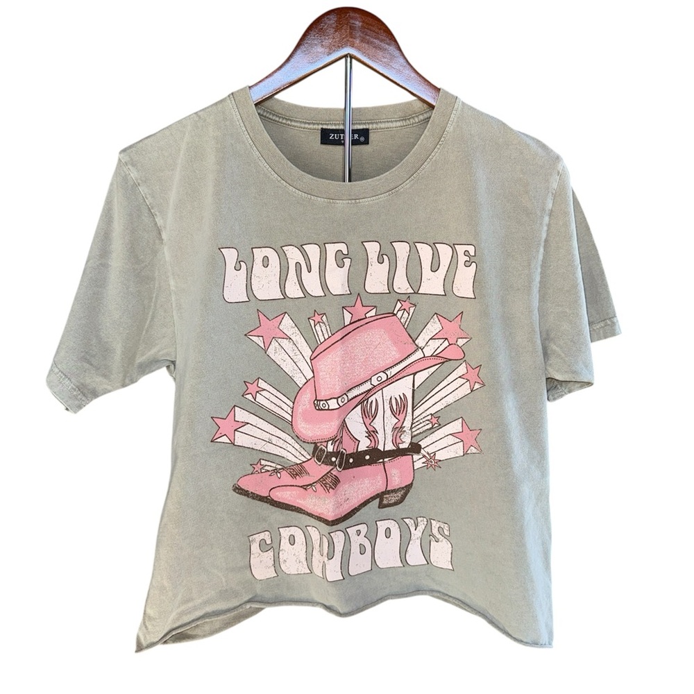 Zutter Long Live Cowboys Cropped Grey Graphic Tee Pink Hat Size Medium